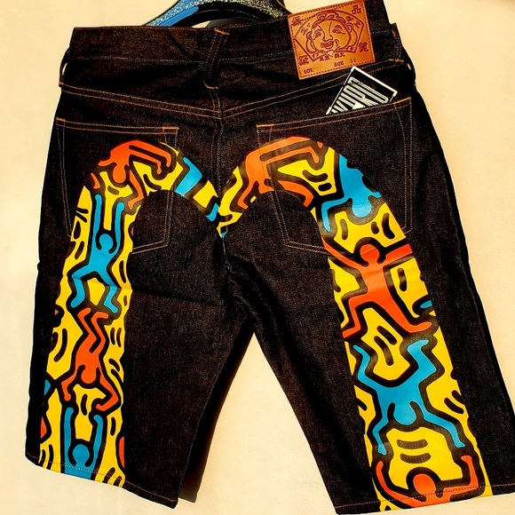 EVISU x Keith Haring Daicock Graffiti Denim Jeans Shorts Monogram NWT w Bag - Picture 1 of 14